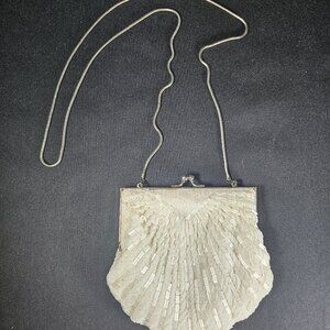 Ivory Beaded Clam Shell Shaped Evening Bag With Silver Metal Trim & Snake Chain